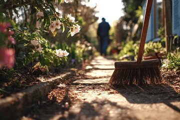 Old, worn broom sweeping a stone path through a vibrant flower garden on a sunny spring day, with a gardener walking away at the end of the picturesque walkway