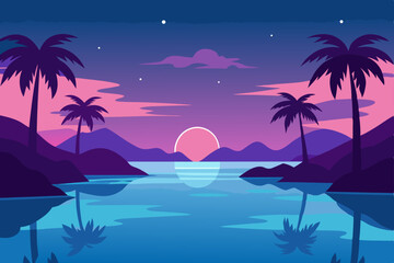 Tropical paradise: sun-kissed beach with silhouetted palm trees against a vibrant sunset sky