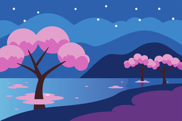 Winter nature landscape with trees snow and moon