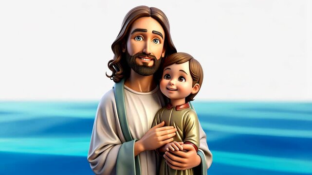 3D cartoon of Jesus Christ holding a child in His hands with a ocean water in background kids illustration