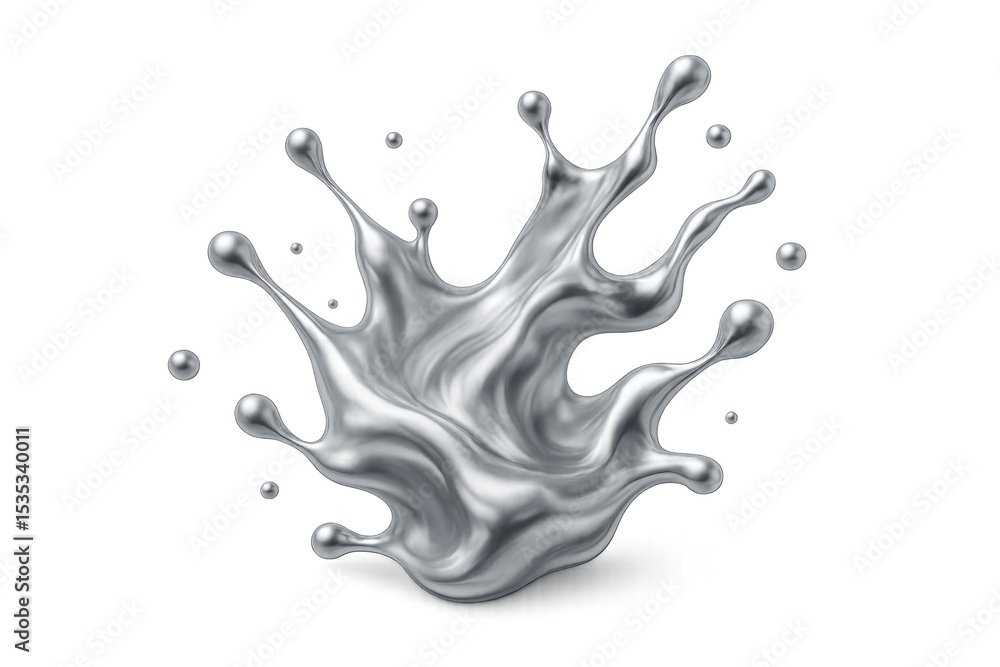 Poster mercury droplet creating dynamic crown-like splash, reflecting sleek silver luminosity on pristine t