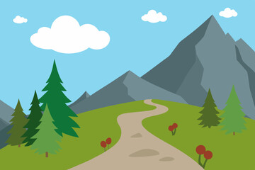 Fototapeta premium Green summer mountain landscape with a road leading to distant peaks, beneath a blue sky with white clouds