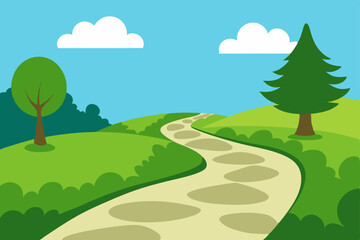 Fototapeta premium A vibrant summer landscape with a winding road through a green forest, leading towards a clear sky