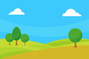 Fototapeta premium Green summer landscape with trees, hills, and a blue sky
