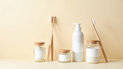 Minimalistic beauty products and bamboo toothbrushes arranged aesthetically on a soft background
