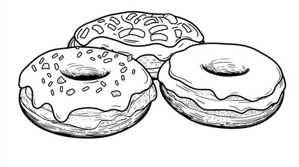 Three delicious-looking donuts, illustrated in a monochrome sketch style, showcasing varying toppings