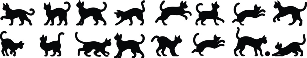 A charming collection of playful cat silhouettes in various poses and actions. This design is perfect for pet-related projects, branding, or any creative endeavor celebrating feline companions. Ideal 