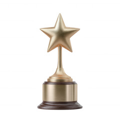 Gold star trophy on dark wooden base, representing achievement and excellence, isolated on a white background.
