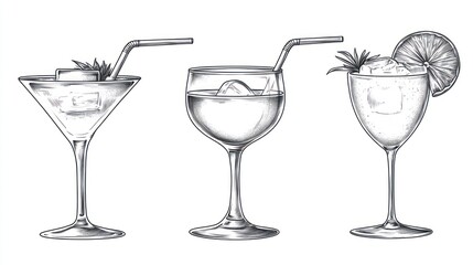 Three detailed ink drawings of chilled cocktails in different glasses with straws and garnishes