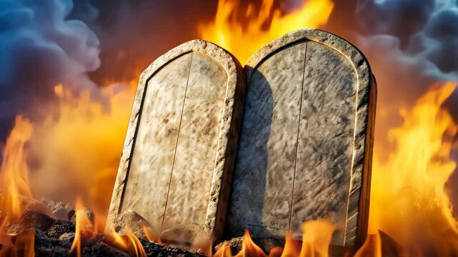 The Ten Commandments of God stone tablets with fire and smoke effects