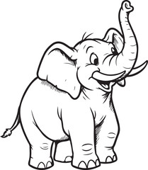 cartoon, sketch, black and white, black outline, A black and white cartoon sketch of an elephant playing with its trunk