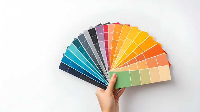 Female hand holding color samples on white background