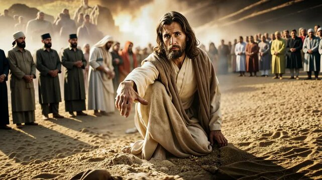 Jesus Christ kneeling in the sand pointing out the sins of all those around him