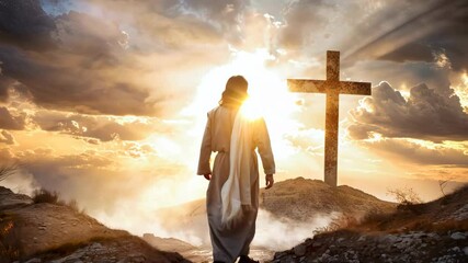 Jesus Christ dressed in a white robe walking towards a cross with sunrays effect - Powered by Adobe