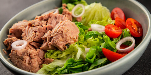 Tuna salad green leaf lettuce, canned tuna, tomato fresh delicious gourmet food background on the table rustic food top view copy space keto and paleo diet vegetarian food pescetarian diet