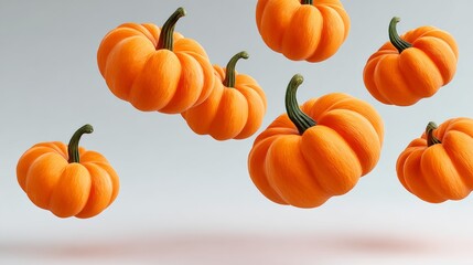 Group of orange pumpkins are floating in the air