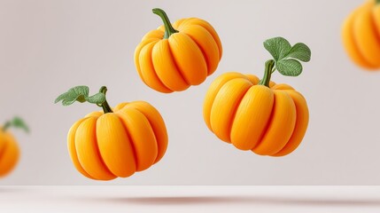 Three orange pumpkins with green leaves are floating in the air