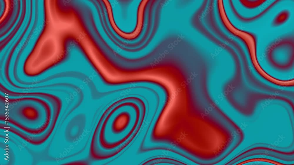 Poster abstract animated background with vibrant red and cyan marble shapes in seamless motion, creating a 