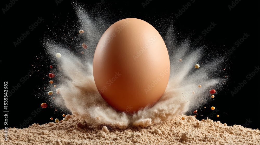 Poster large egg is smashed into a pile of sand, creating a messy and chaotic scene