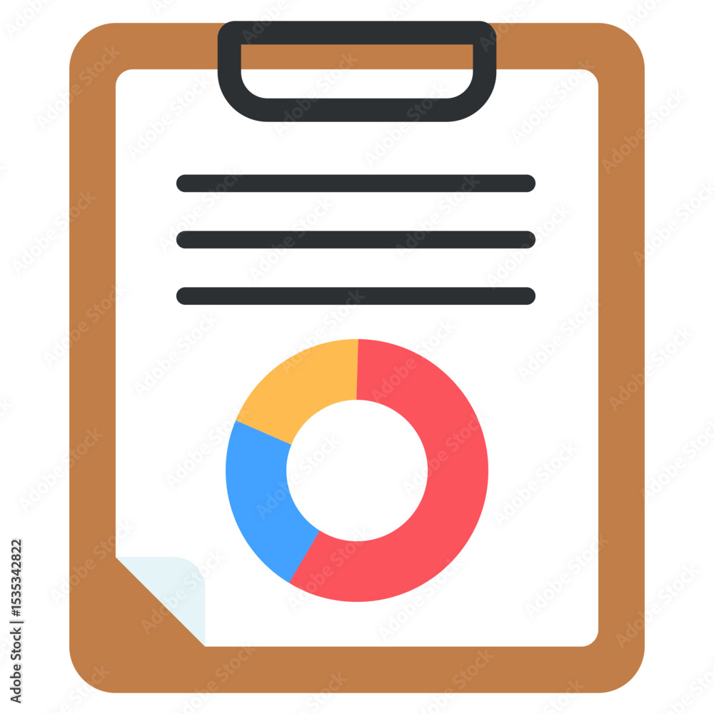 Aufkleber clipboard with data analysis pie chart illustration for business report and presentation