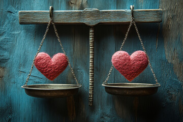 hearts balanced on a scale against a blue background.