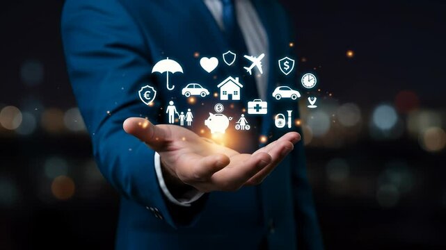  Insurance Protection: Hand Holding Life, Home, Car, Travel & Financial Safety Icons