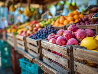 Rows of colorful crates filled with fresh apples, oranges, bananas, grapes, and lemons burst with flavor and vibrancy at a bustling open-air market.