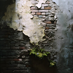 Peeling wall with exposed bricks and growing moss