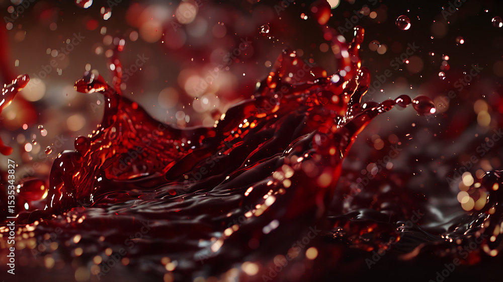Poster a dynamic splash of vibrant red liquid creates an abstract pattern with droplets suspended in motion