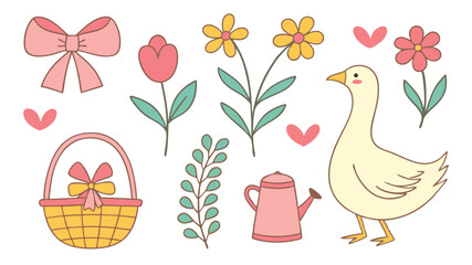 Hand drawn springtime illustrations featuring a cute goose and floral elements vector