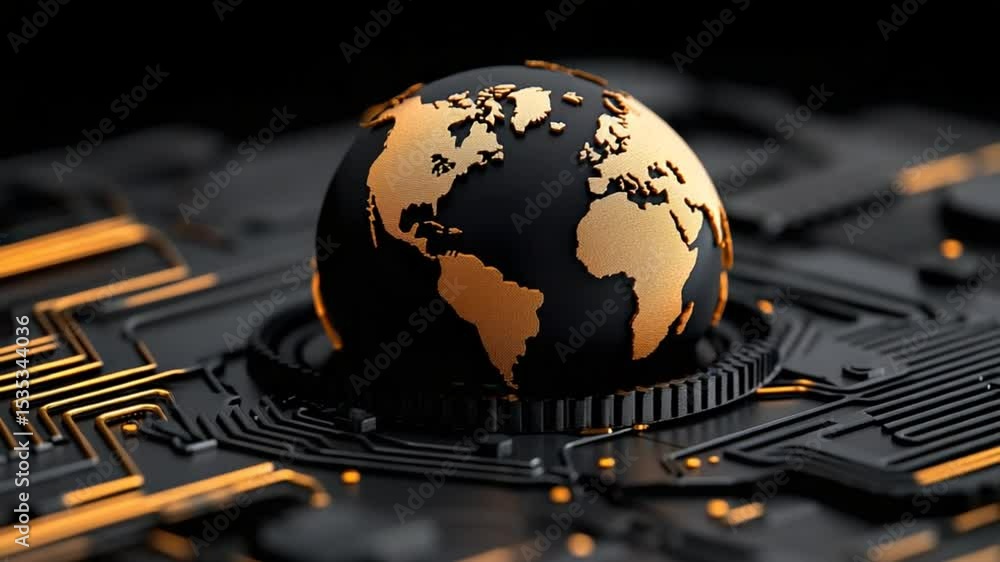 Poster global connection: the globe rests on a circuit board. this striking composition symbolizes the inte