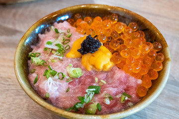 Japanese Seafood Donburi Bowl with Uni and Ikura