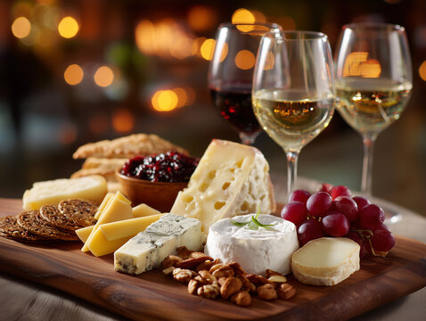An inviting cheese board with a variety of cheeses, crackers, grapes and nuts alongside glasses of red and white wine