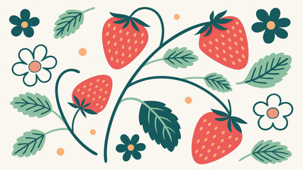 Hand drawn strawberry and floral arrangement with transparent elements suitable for design projects