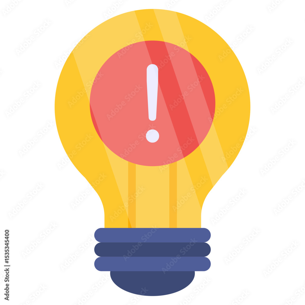 Poster yellow lightbulb with red exclamation point icon warning alert caution idea concept flat design prob