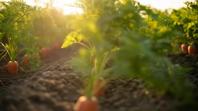 Slow Left to Right Dolly Shot Over Sunlit Carrot Rows in Organic Farm Field