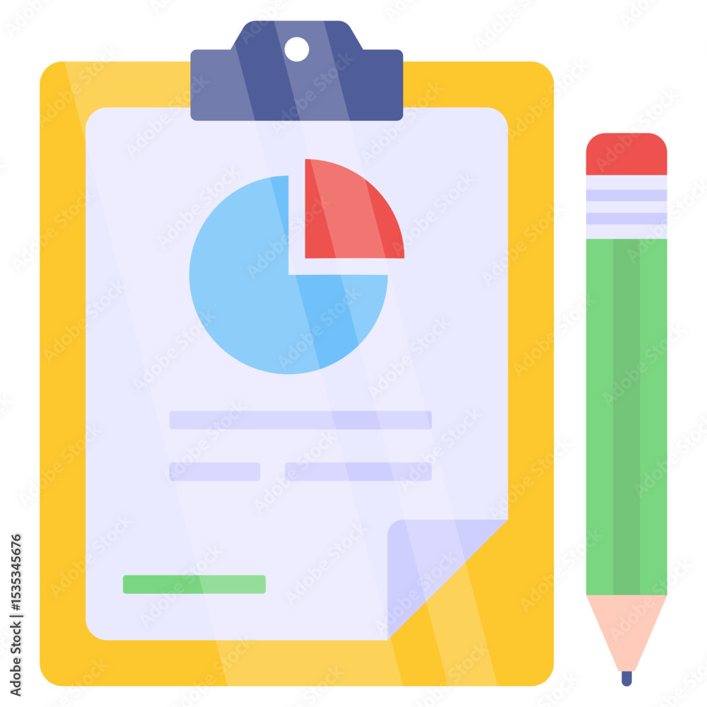 Poster clipboard with pie chart graphic and pencil illustrating data analysis business report presentation 