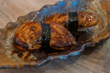 Foie Gras Nigiri Sushi on Ceramic Plate