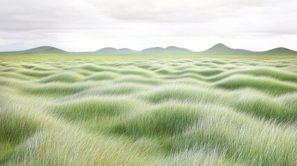 Obraz premium Serene landscape of gently swaying grass under a soft, cloudy sky.
