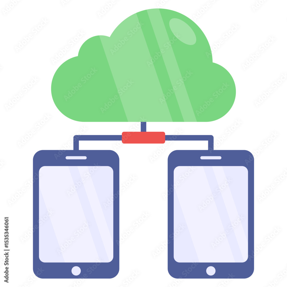 Poster cloud computing illustration connecting two smartphones for data sharing and network communication
