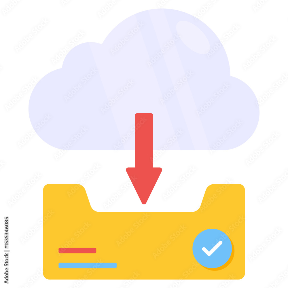 Poster cloud storage download flat vector icon showing data transfer process to box with checkmark for succ