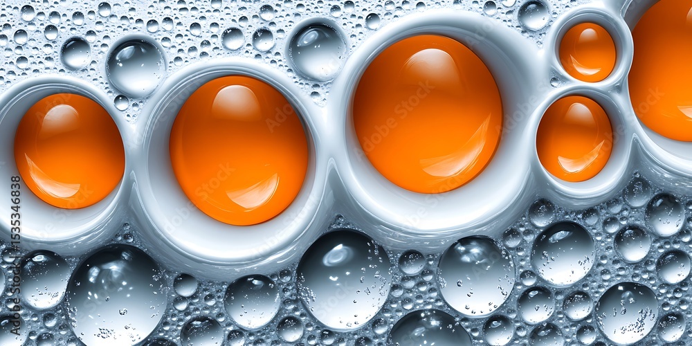 Poster close-up of droplets and orange spheres creating an abstract surface