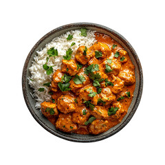 plate of creamy Butter Chicken garnished with rice png