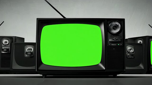 Stack vintage video CRT screens flicker to green screen life grainy monochrome zooming inward seamless video keying gifting retro style editors synth wave musicians authentic K VHS vibe ready custom