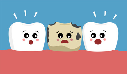 Diseased teeth with caries, cracks, chips, inflammation, plaque. Toothache. Vector hand-drawn illustration in flat style. Dental care, oral hygiene concept.