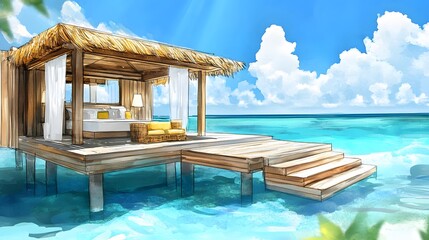 Fototapeta premium Tropical overwater bungalow on a tranquil beach.