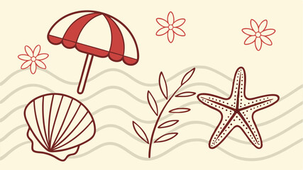Hand drawn summer elements illustration including beach umbrella, seashell and starfish vector