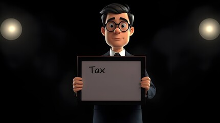 	a man(like cartoon wering tiecoat business man.) hold tax text board in his shoulders
