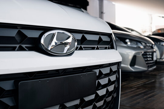 Hexagonal front grille of a Hyundai HB20 car on exhibition at the Agricultural Fair Expo Londrina 2025, held in the city of Londrina, Brazil.