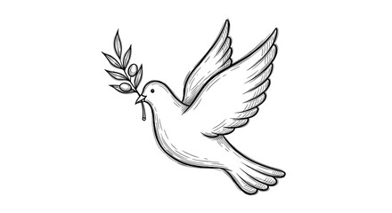 Fototapeta premium Dove holding olive branch in minimalist line art style 